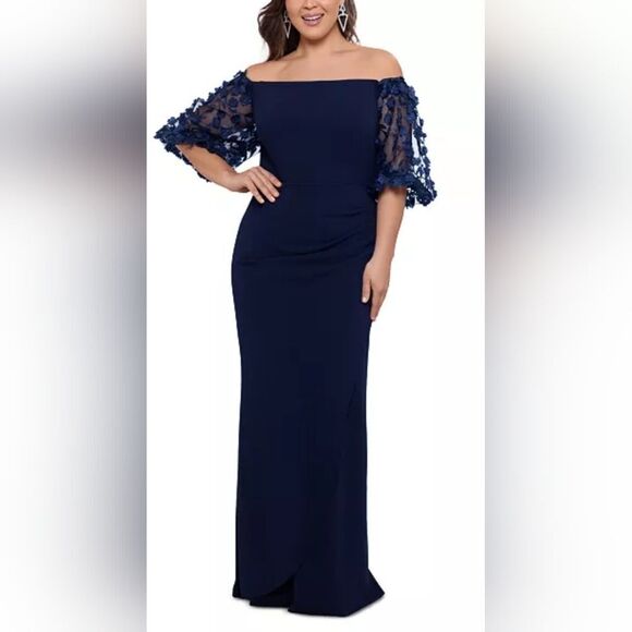 XSCAPE Plus Size Off-The-Shoulder Embellished-Sleeve Gown NWT sz 16 Blue - Picture 1 of 7